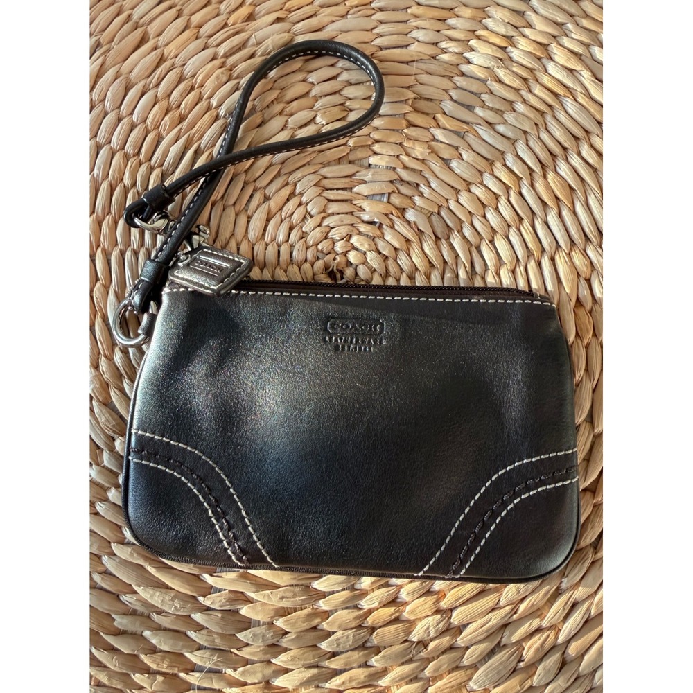 Coach Leather-ware Dark Brown Leather Wristlet with White Stitching